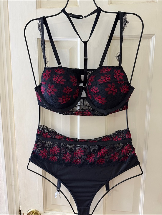 Other - Black & Red Floral Lace Bra and High-Waist Brief Set - Women Intimates